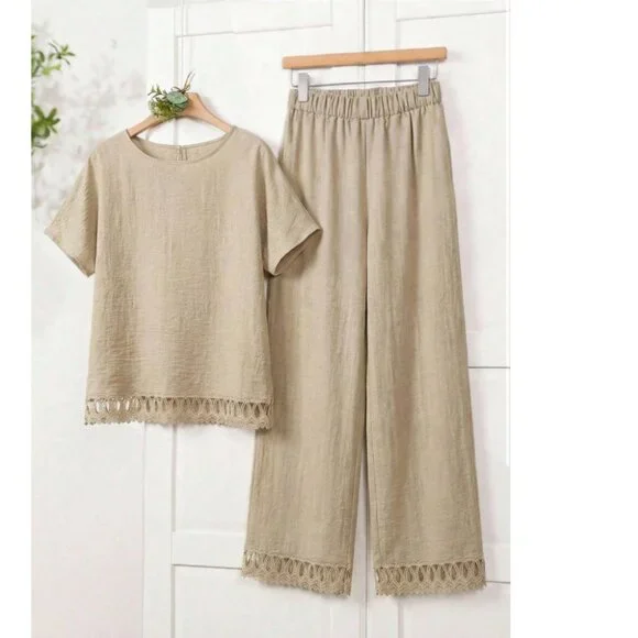 Lace Trim Round Neck Short Sleeve Shirt & Wide Leg Pants Set - Picture 4 of 4